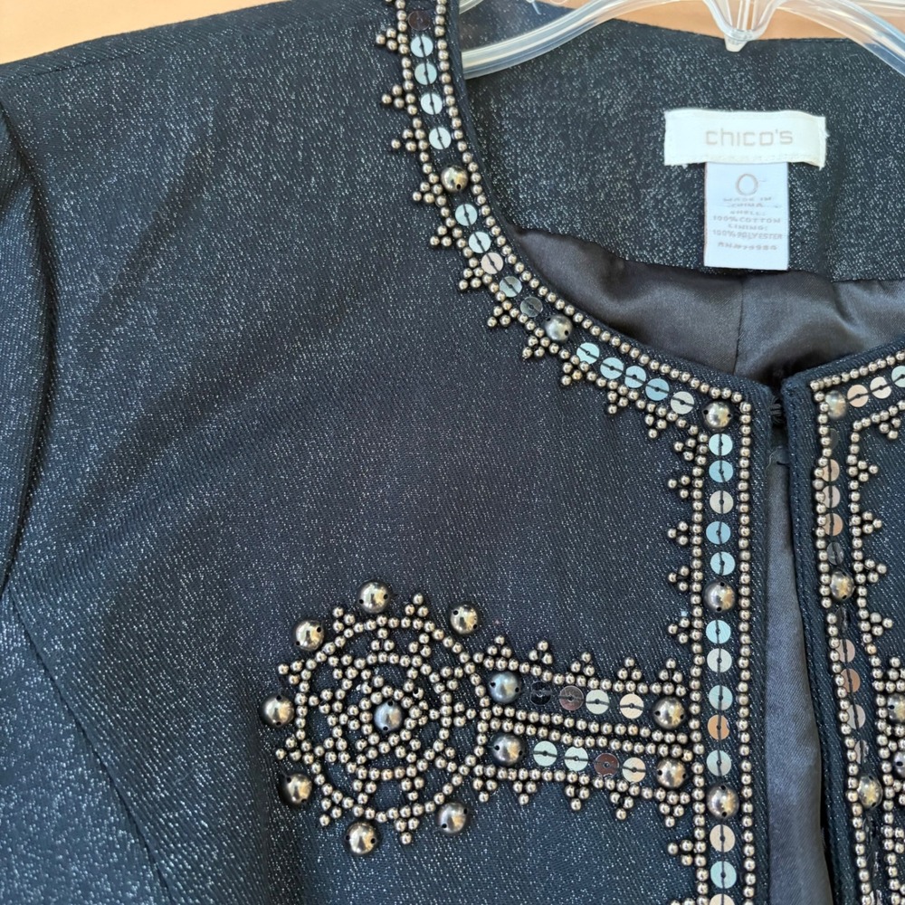 Chicos Military Band Denim Jacket Beaded Sequin Metallic Denim Black Blue 0 S - Picture 3 of 13